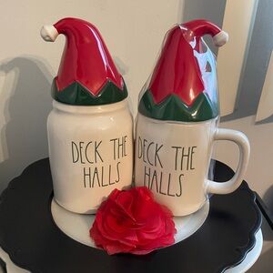 Rae Dunn Deck The Halls Festive Holiday Canister and Mug with Santa Hat Lids